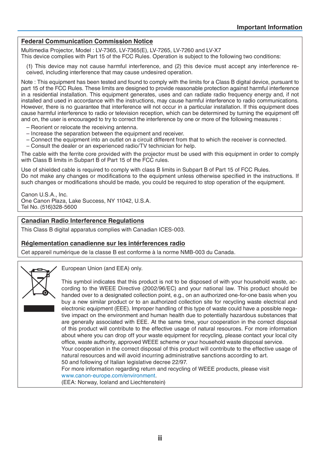 Canon 7365 user manual Canadian Radio Interference Regulations, Réglementation canadienne sur les intérferences radio 