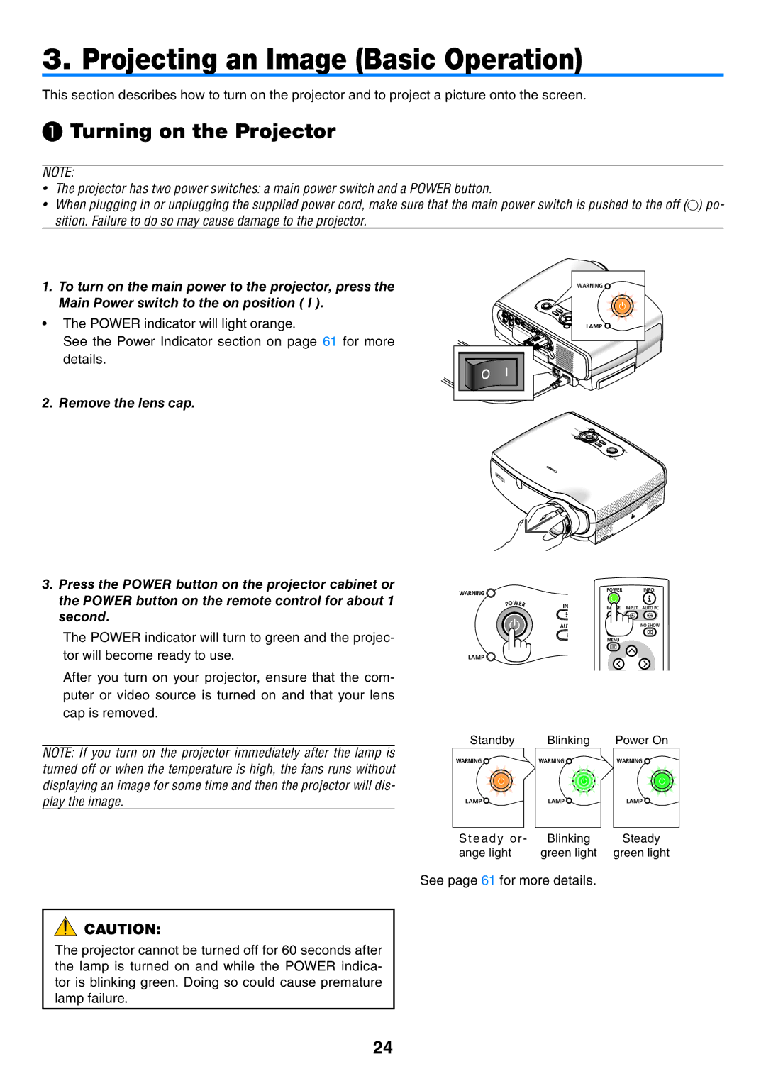 Canon 7365 user manual Projecting an Image Basic Operation, ❶ Turning on the Projector 