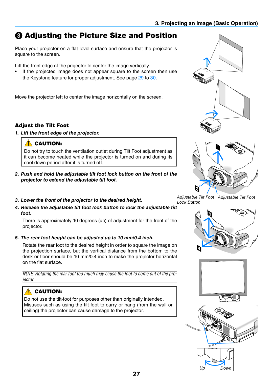 Canon 7365 ❸ Adjusting the Picture Size and Position, Adjust the Tilt Foot, Lift the front edge of the projector 