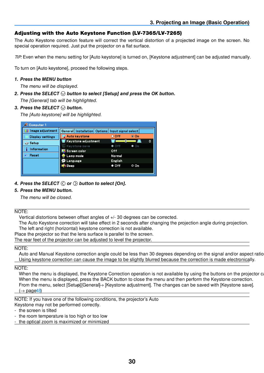 Canon 7365 user manual Auto keystone will be highlighted 