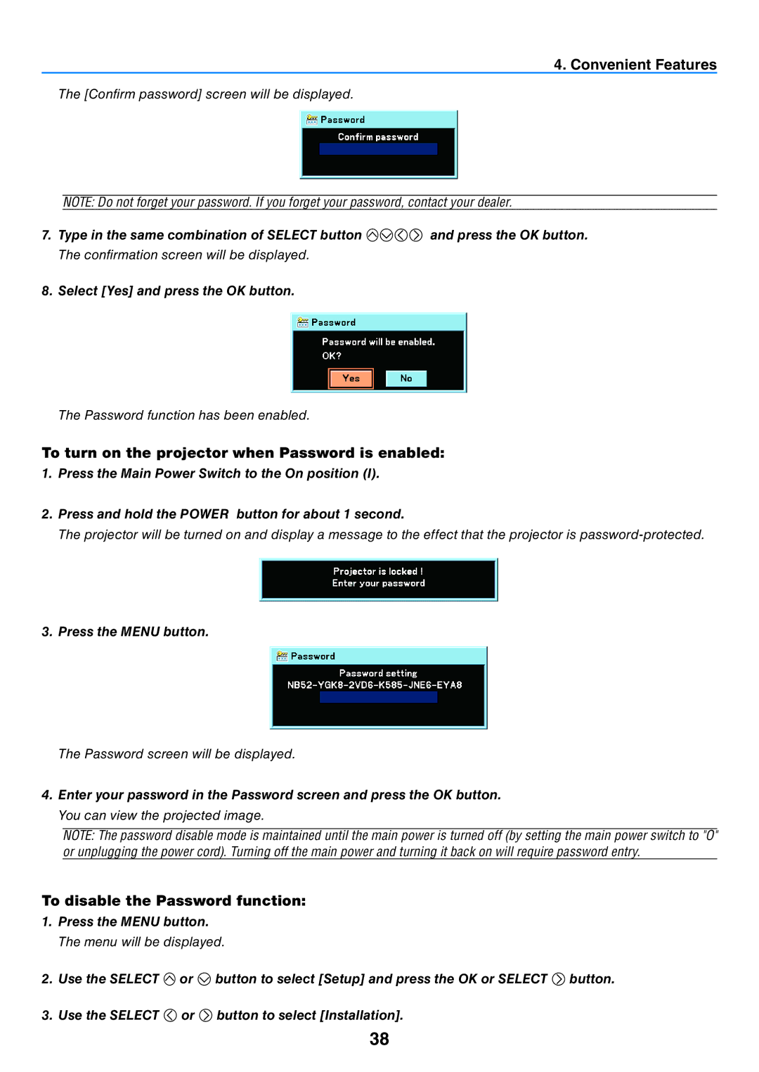 Canon 7365 To turn on the projector when Password is enabled, To disable the Password function, Press the Menu button 