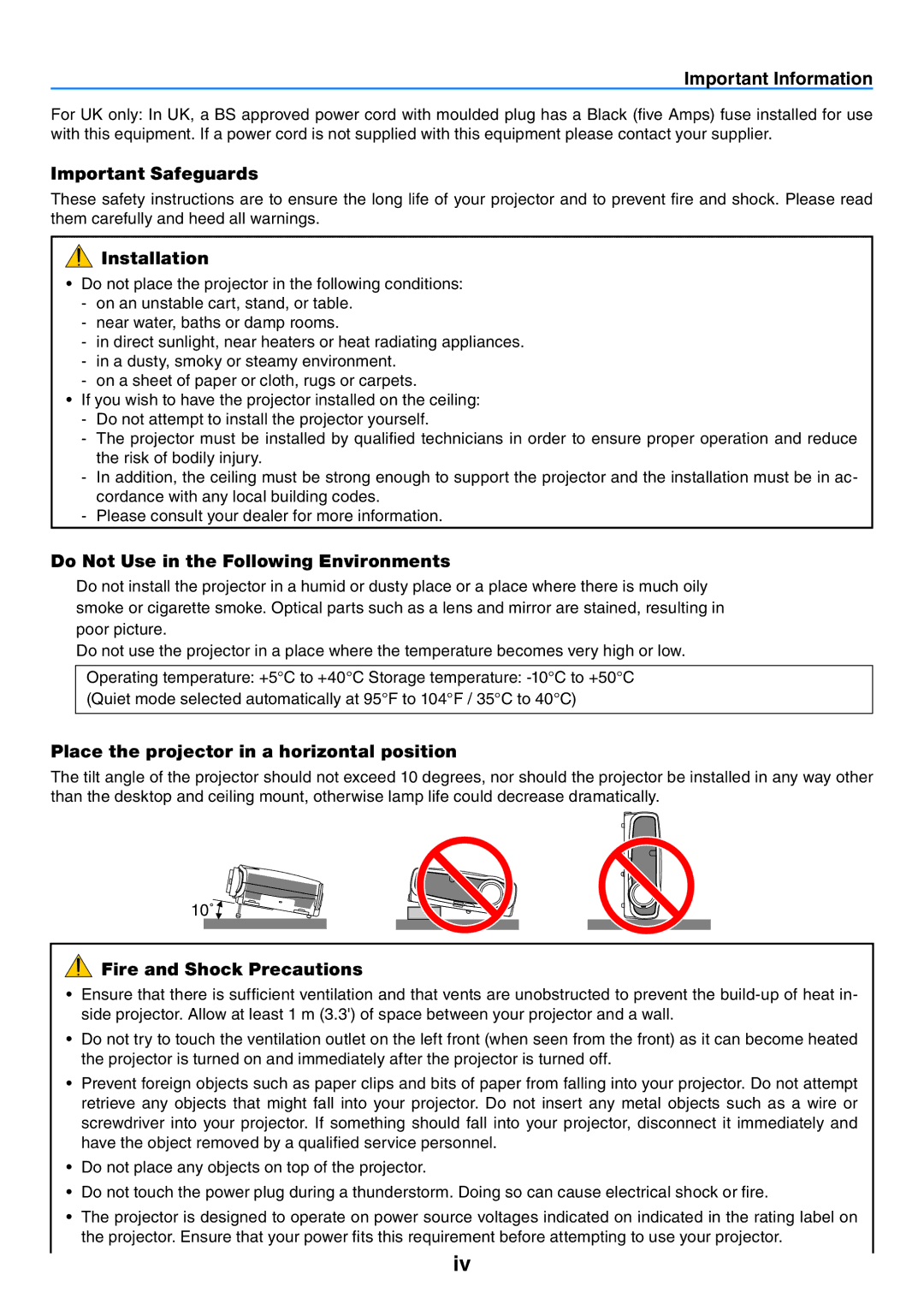 Canon 7365 Important Safeguards, Installation, Do Not Use in the Following Environments, Fire and Shock Precautions 