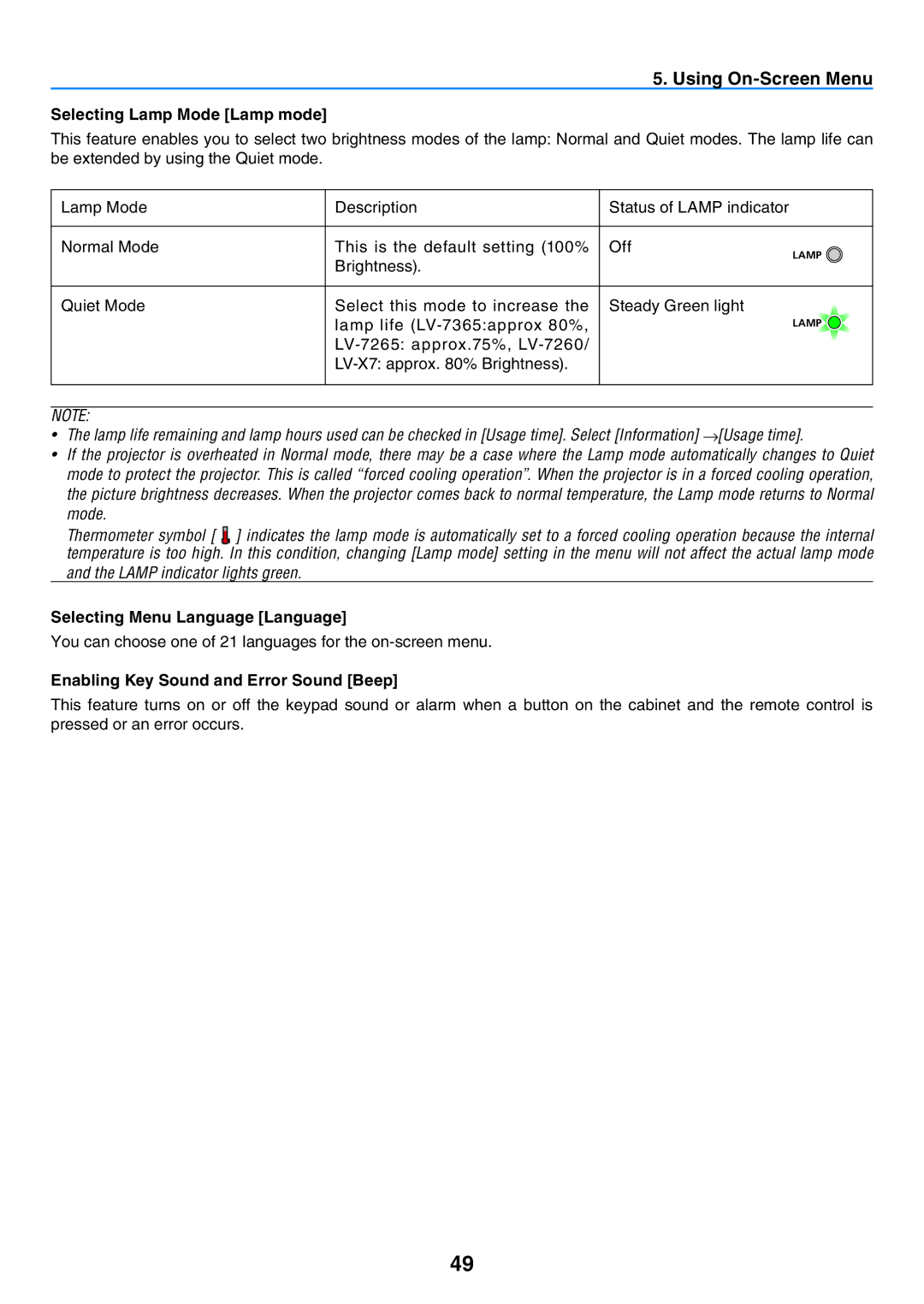 Canon 7365 Selecting Lamp Mode Lamp mode, Selecting Menu Language Language, Enabling Key Sound and Error Sound Beep 