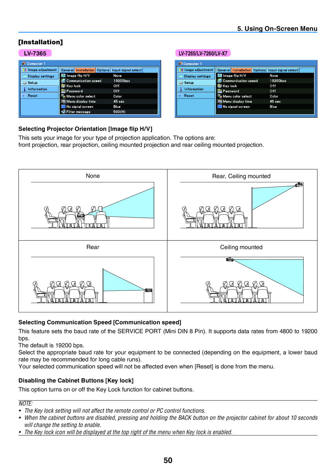 Canon 7365 user manual Using On-Screen Menu Installation, Selecting Projector Orientation Image flip H/V 