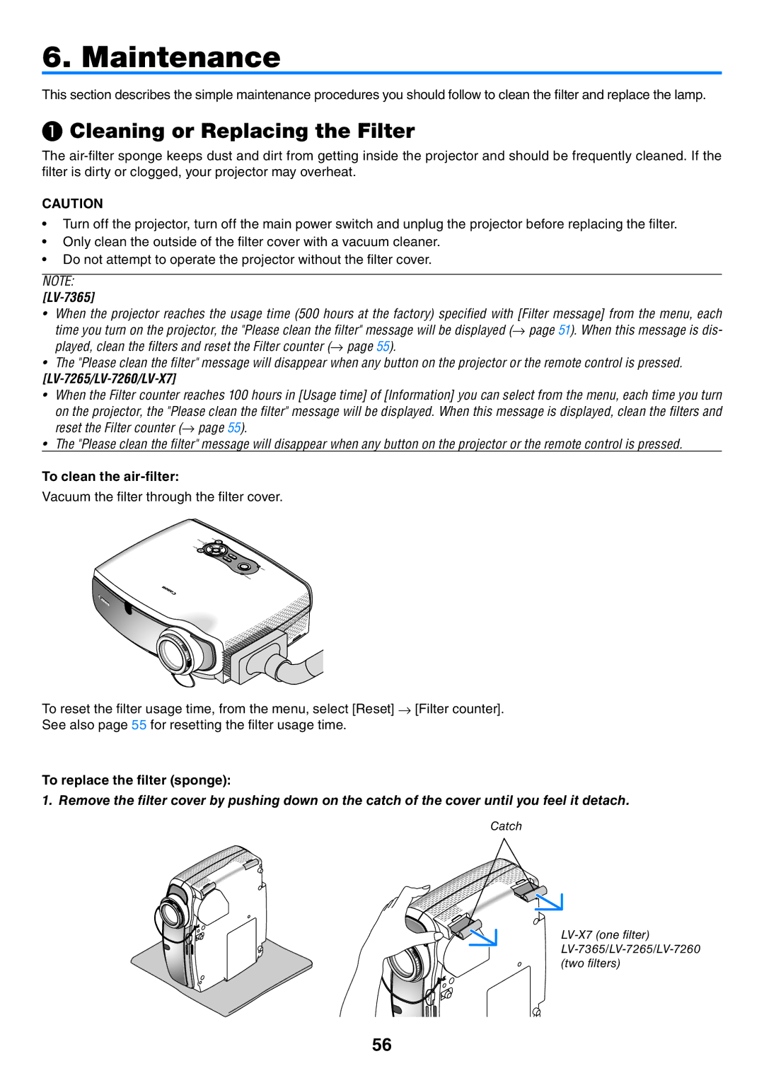 Canon user manual Maintenance, ❶ Cleaning or Replacing the Filter, LV-7365, LV-7265/LV-7260/LV-X7 