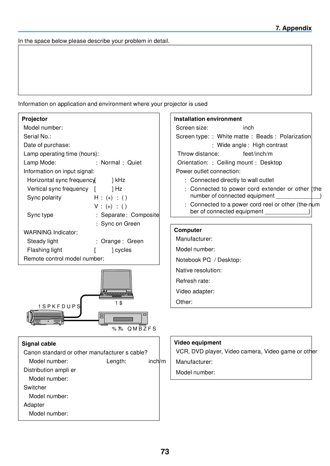 Canon 7365 user manual Installation environment, Computer, Signal cable, Video equipment 