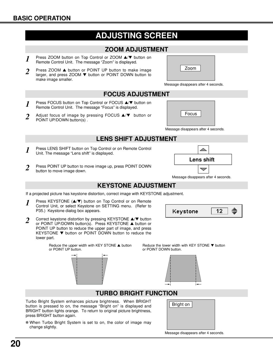 Canon 7545 Adjusting Screen, Zoom Adjustment, Lens Shift Adjustment, Keystone Adjustment, Turbo Bright Function 