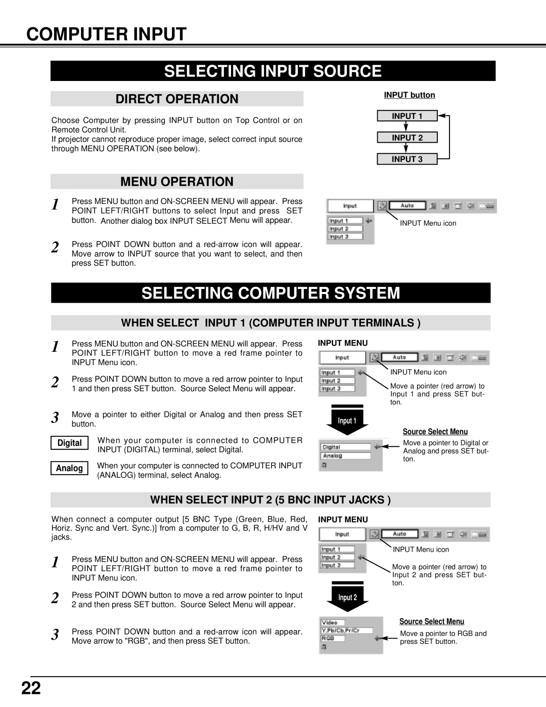 Canon 7545 owner manual Computer Input, Selecting Input Source, Selecting Computer System, Input Menu 