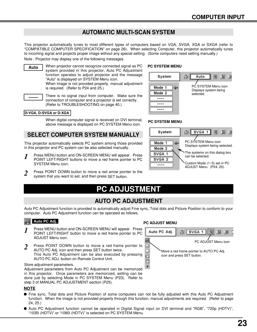 Canon 7545 owner manual Computer Input Automatic MULTI-SCAN System, Select Computer System Manually, Auto PC Adjustment 