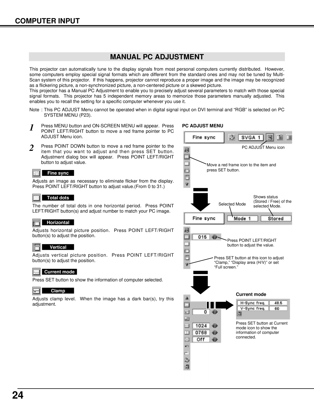 Canon 7545 owner manual Computer Input Manual PC Adjustment, PC Adjust Menu 