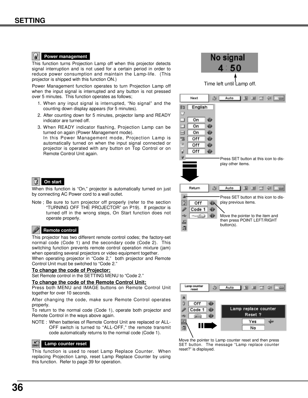 Canon 7545 owner manual To change the code of Projector, To change the code of the Remote Control Unit 