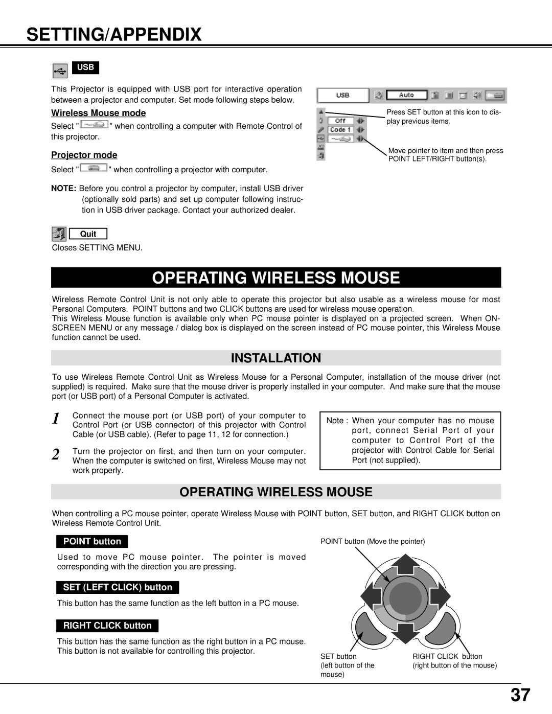 Canon 7545 owner manual Setting/Appendix, Operating Wireless Mouse, Installation 