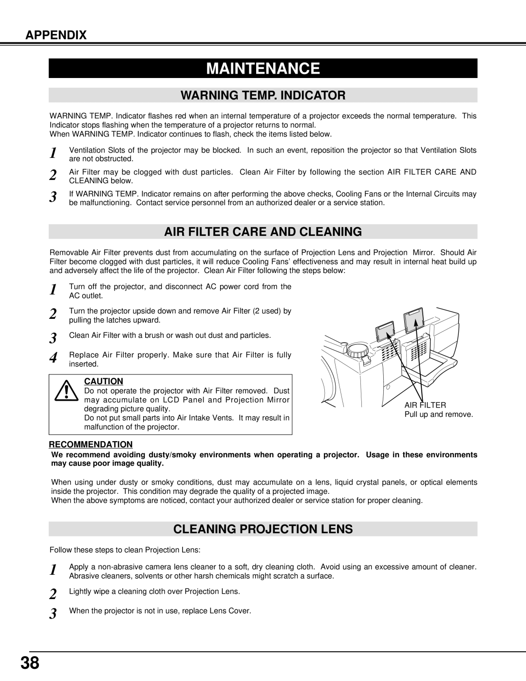 Canon 7545 owner manual Maintenance, AIR Filter Care and Cleaning, Cleaning Projection Lens 