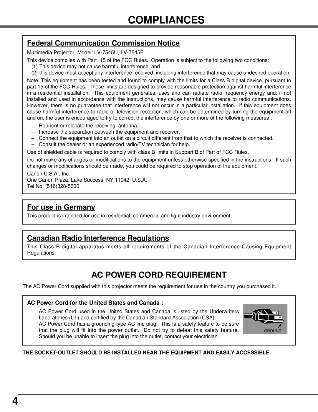 Canon 7545 owner manual Compliances, Federal Communication Commission Notice 