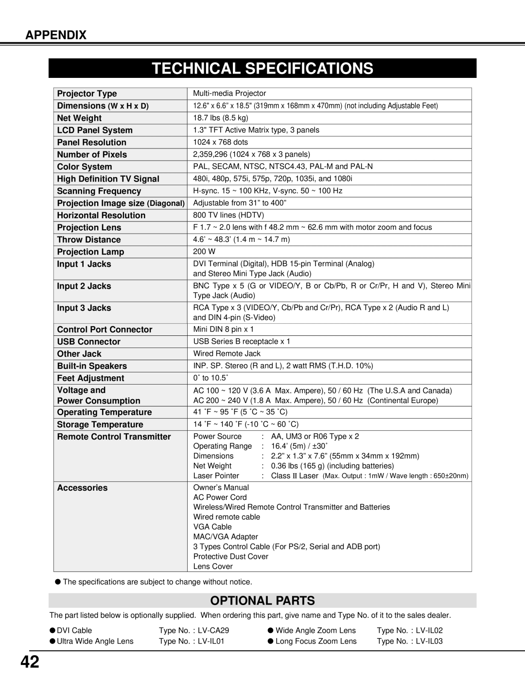 Canon 7545 owner manual Technical Specifications, Optional Parts 