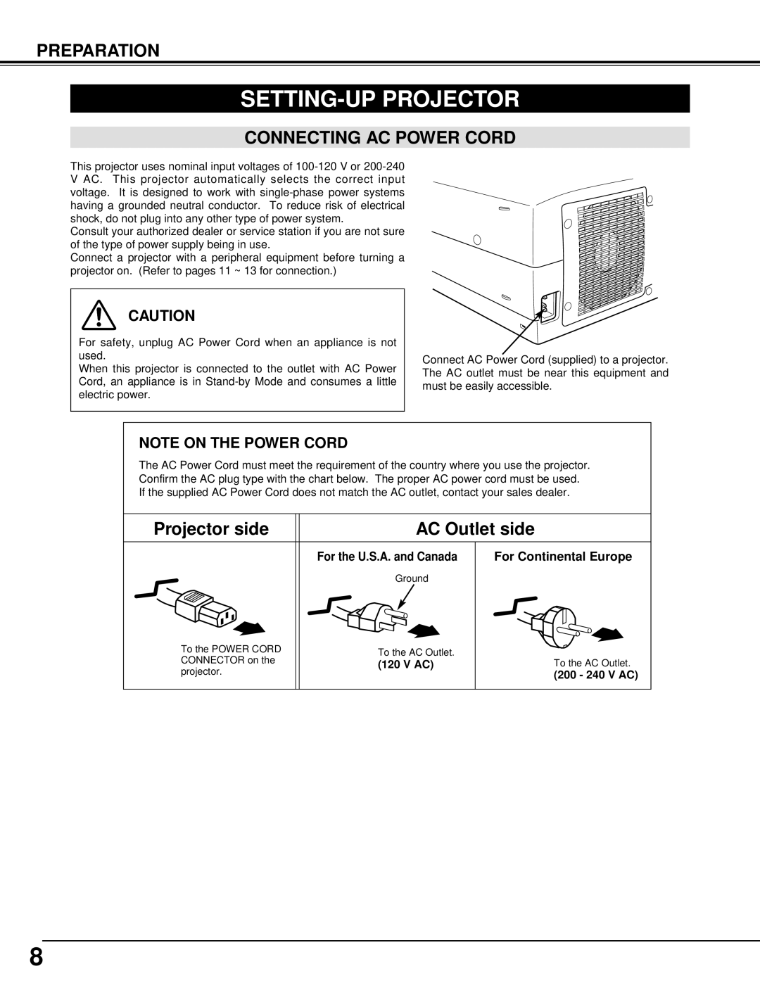 Canon 7545 owner manual SETTING-UP Projector, Connecting AC Power Cord, For Continental Europe 