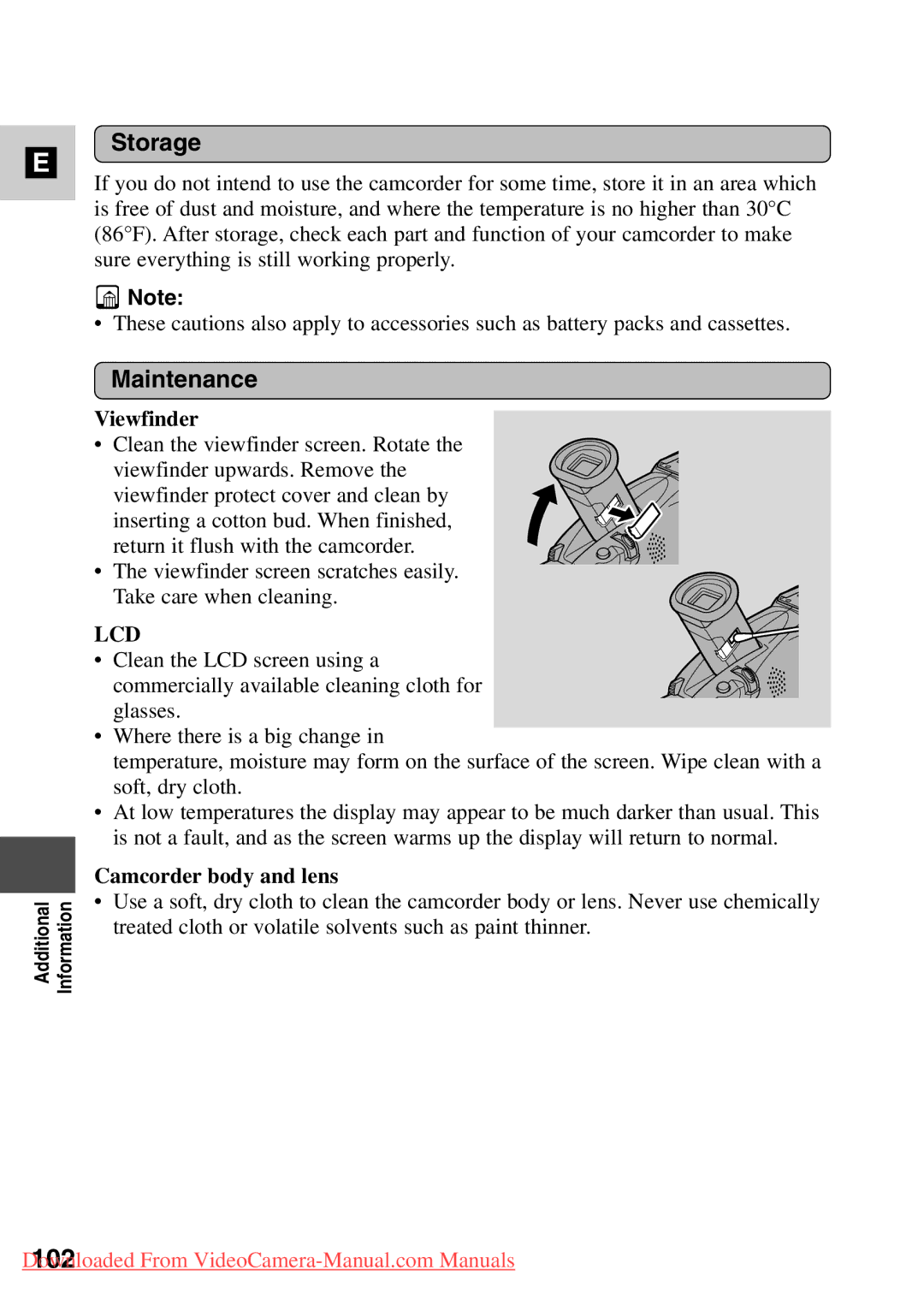 Canon 7561A001, MV500i instruction manual Storage, Maintenance, Viewfinder, Camcorder body and lens 