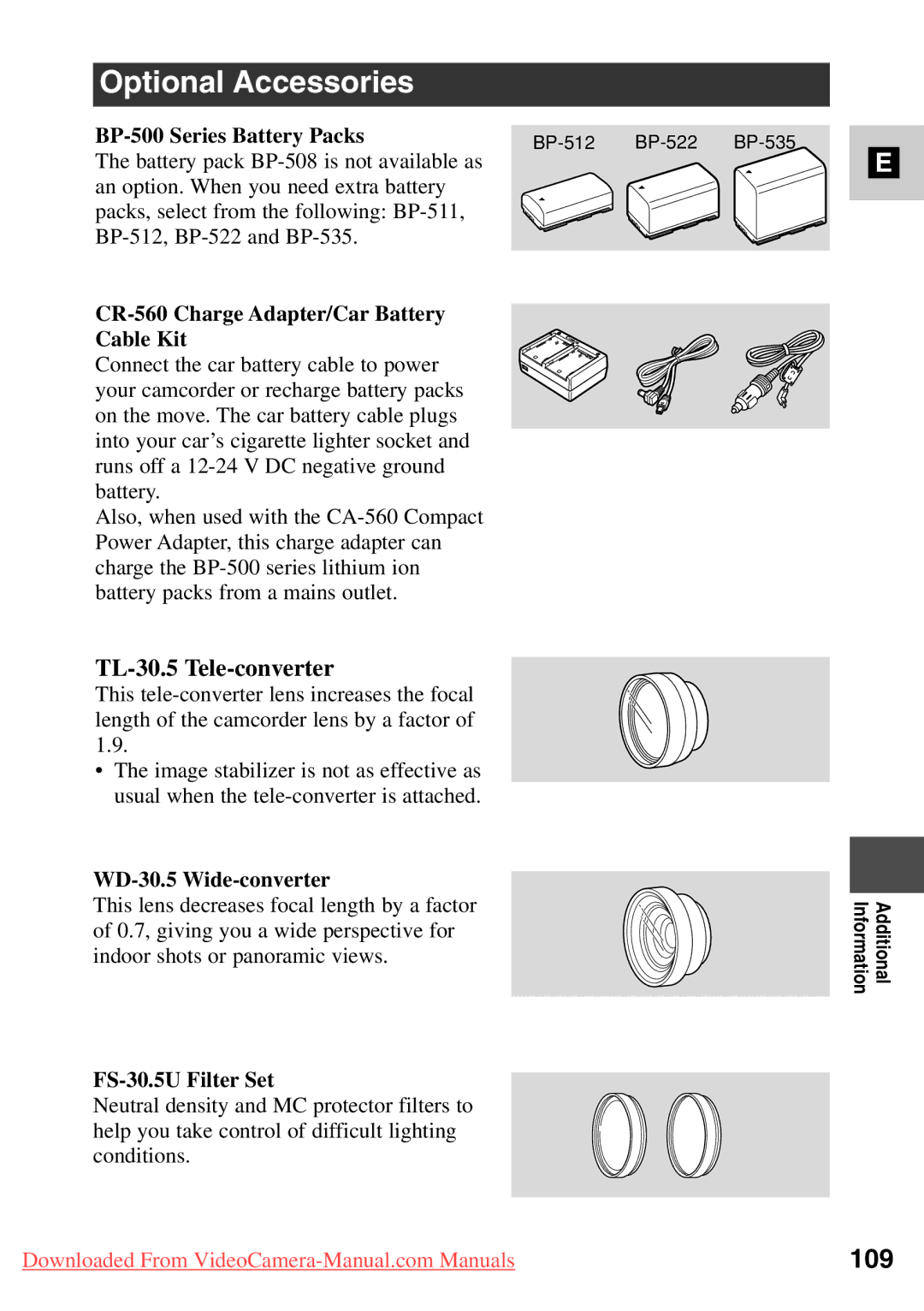 Canon MV500i, 7561A001 instruction manual Optional Accessories, TL-30.5 Tele-converter 