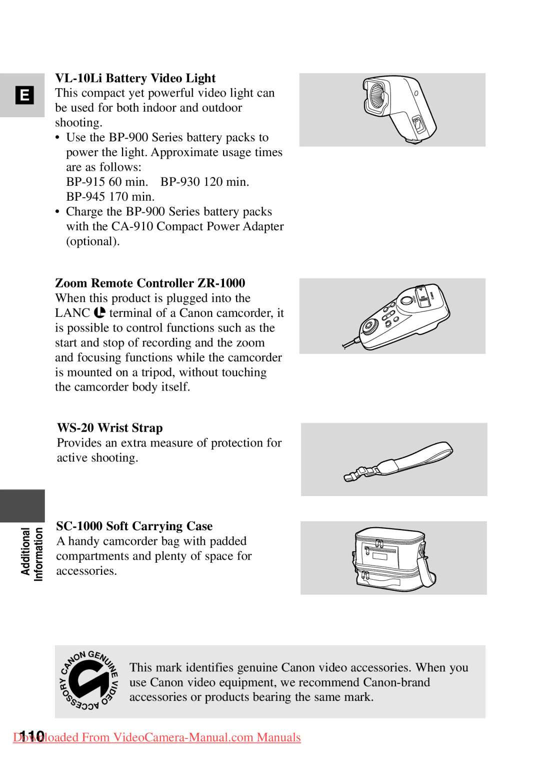 Canon 7561A001, MV500i instruction manual VL-10Li Battery Video Light, SC-1000 Soft Carrying Case 