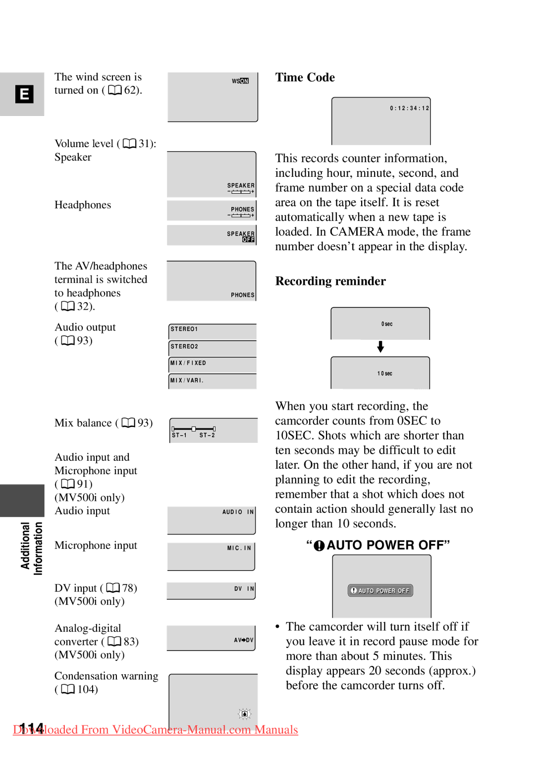 Canon 7561A001, MV500i instruction manual Time Code, Recording reminder 