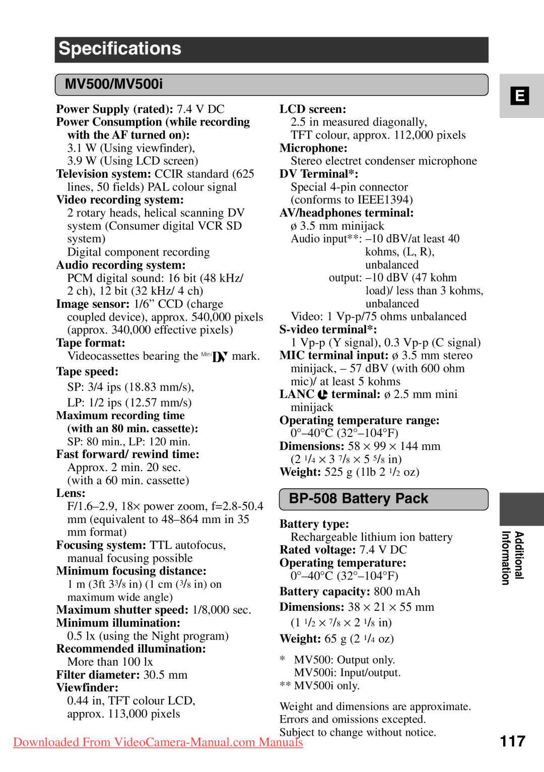 Canon 7561A001 instruction manual Specifications, MV500/MV500i, BP-508 Battery Pack 