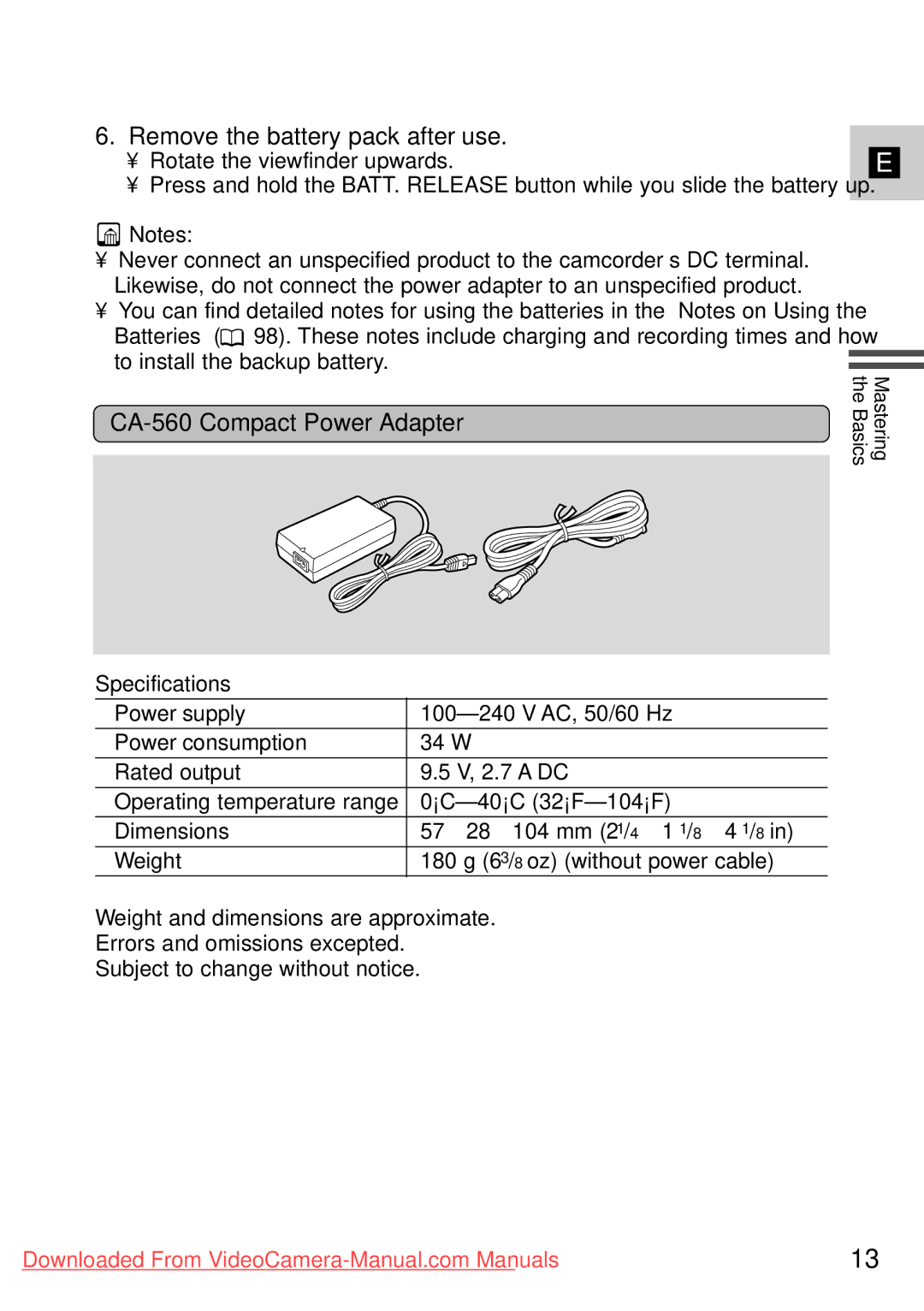 Canon MV500i, 7561A001 instruction manual Remove the battery pack after use, CA-560 Compact Power Adapter 