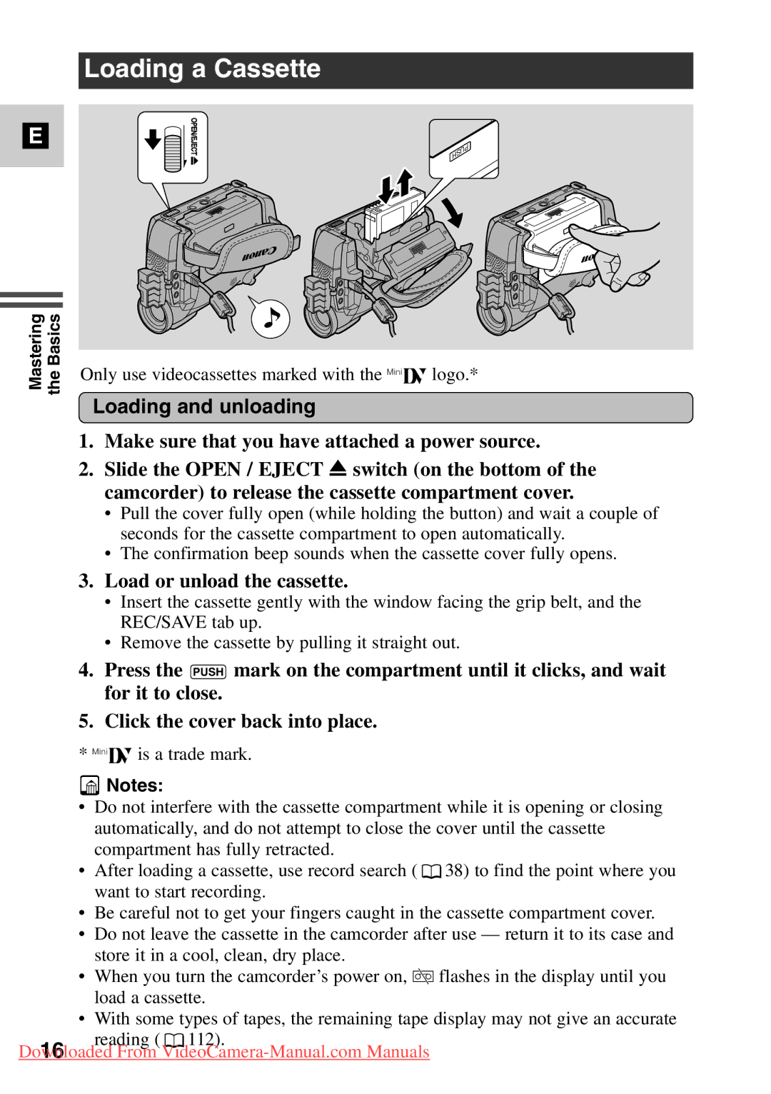 Canon MV500i, 7561A001 instruction manual Loading a Cassette, Loading and unloading, Load or unload the cassette 