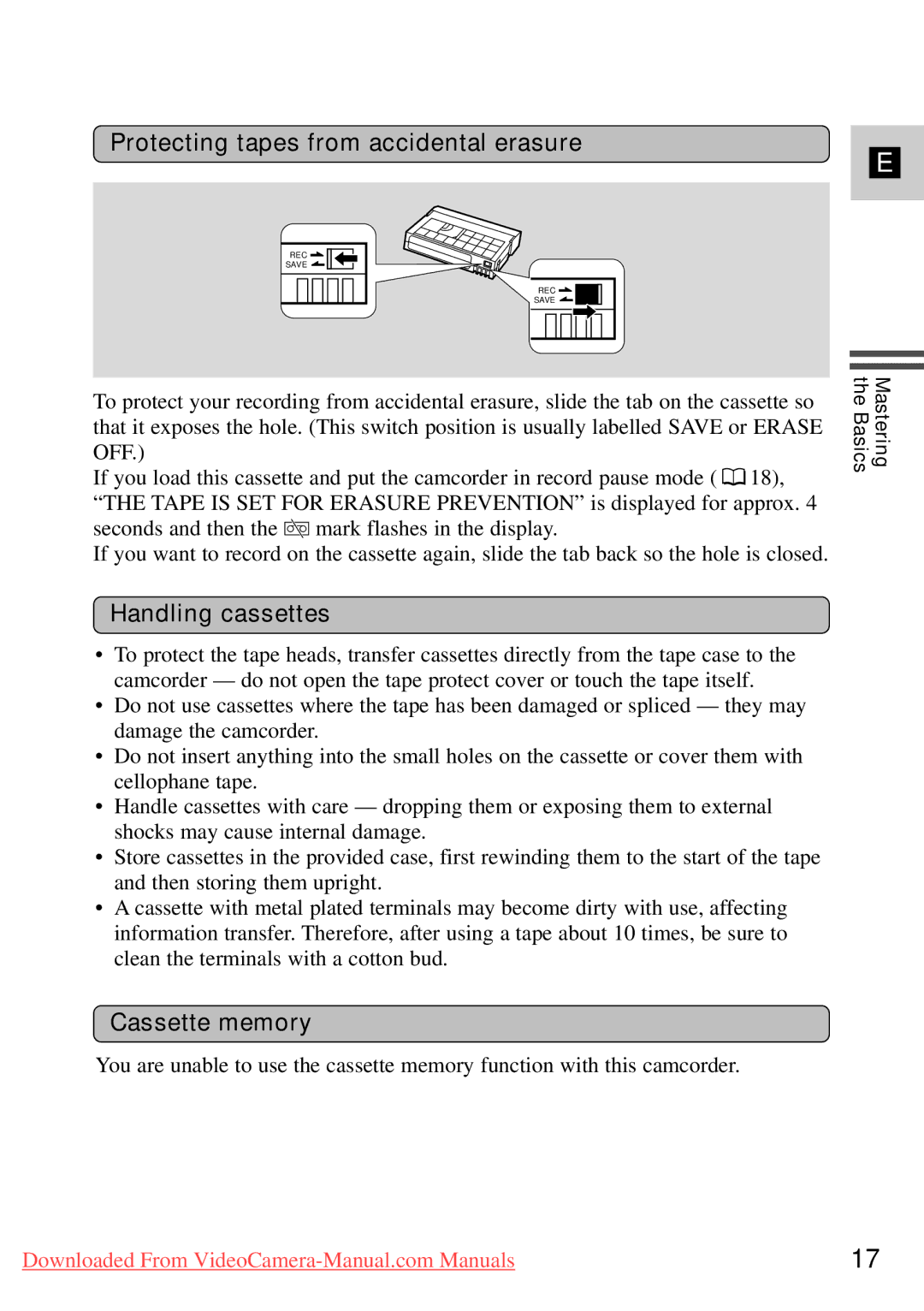 Canon 7561A001, MV500i instruction manual Protecting tapes from accidental erasure, Handling cassettes, Cassette memory 