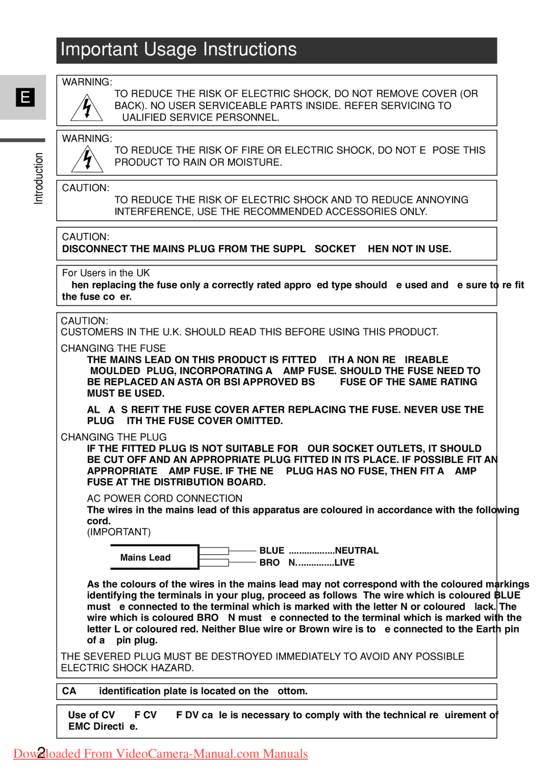 Canon 7561A001, MV500i instruction manual Important Usage Instructions, For Users in the UK 