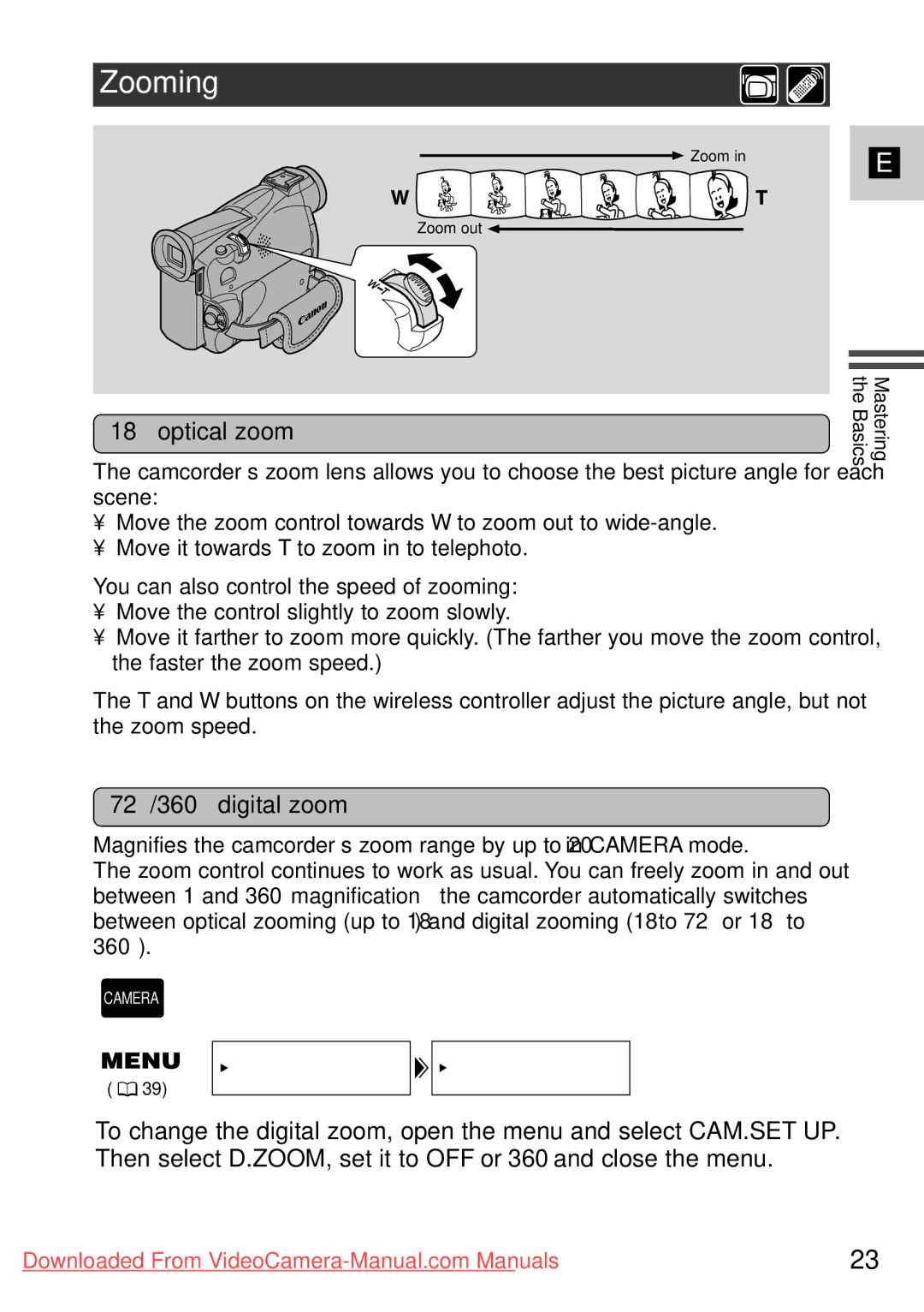 Canon 7561A001, MV500i instruction manual Zooming, 18⋅ optical zoom, 72⋅/360⋅ digital zoom 