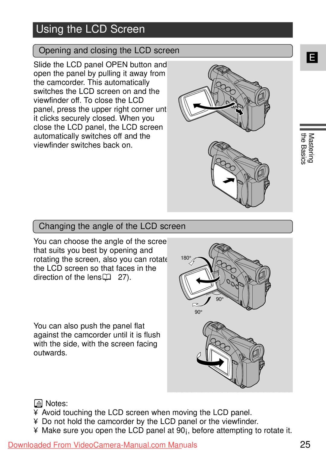 Canon MV500i, 7561A001 Using the LCD Screen, Opening and closing the LCD screen, Changing the angle of the LCD screen 