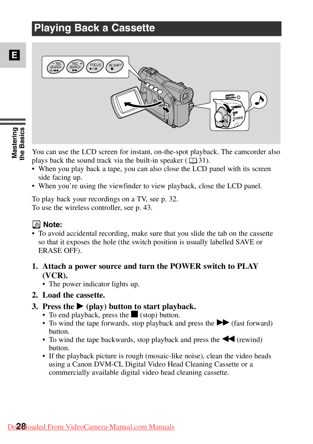 Canon MV500i, 7561A001 Playing Back a Cassette, Attach a power source and turn the Power switch to Play VCR 