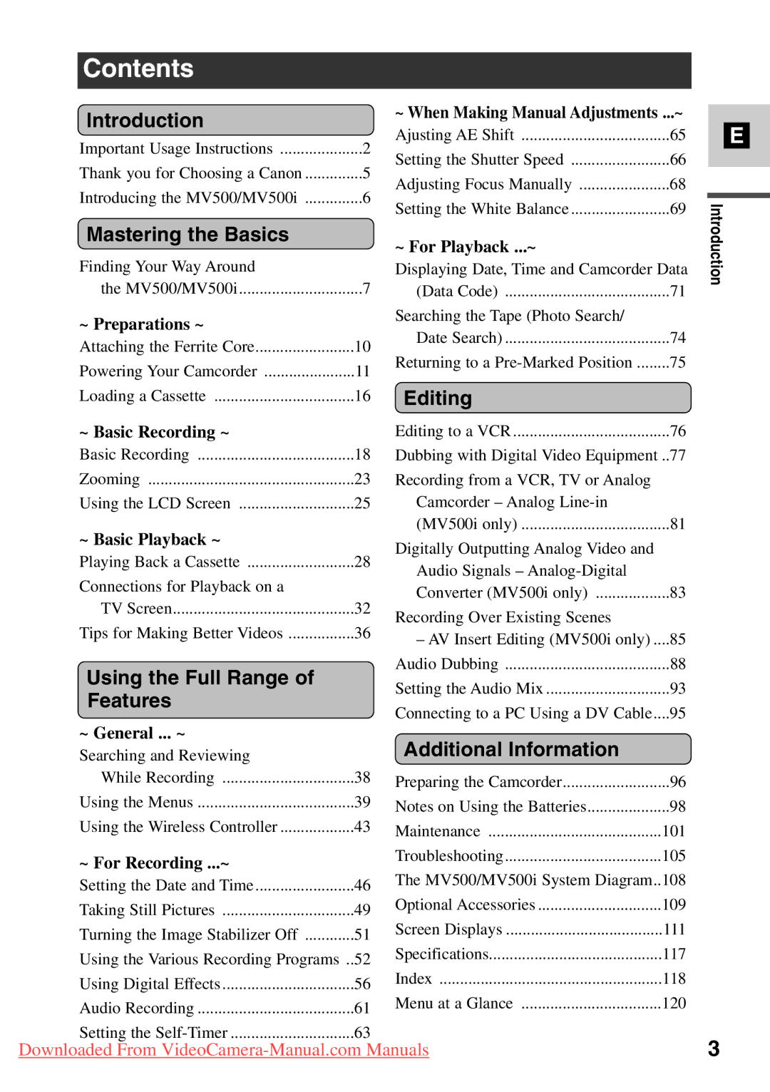 Canon 7561A001, MV500i instruction manual Contents 