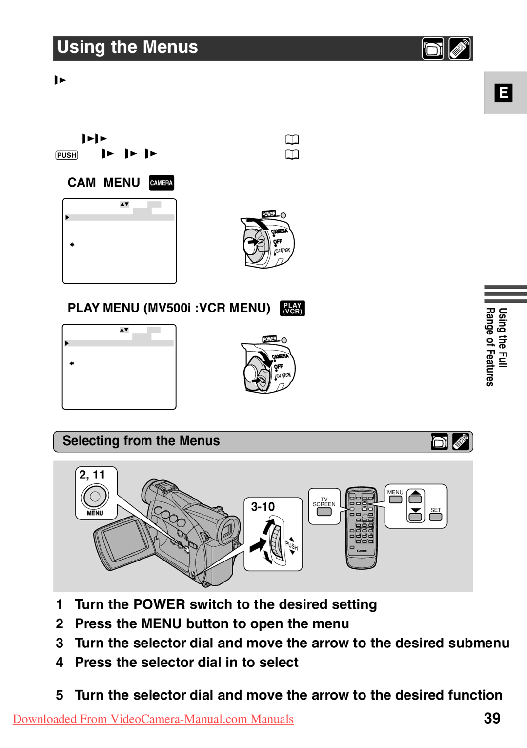 Canon 7561A001 instruction manual Using the Menus, Selecting from the Menus, Play Menu MV500i VCR Menu Vcrplay 