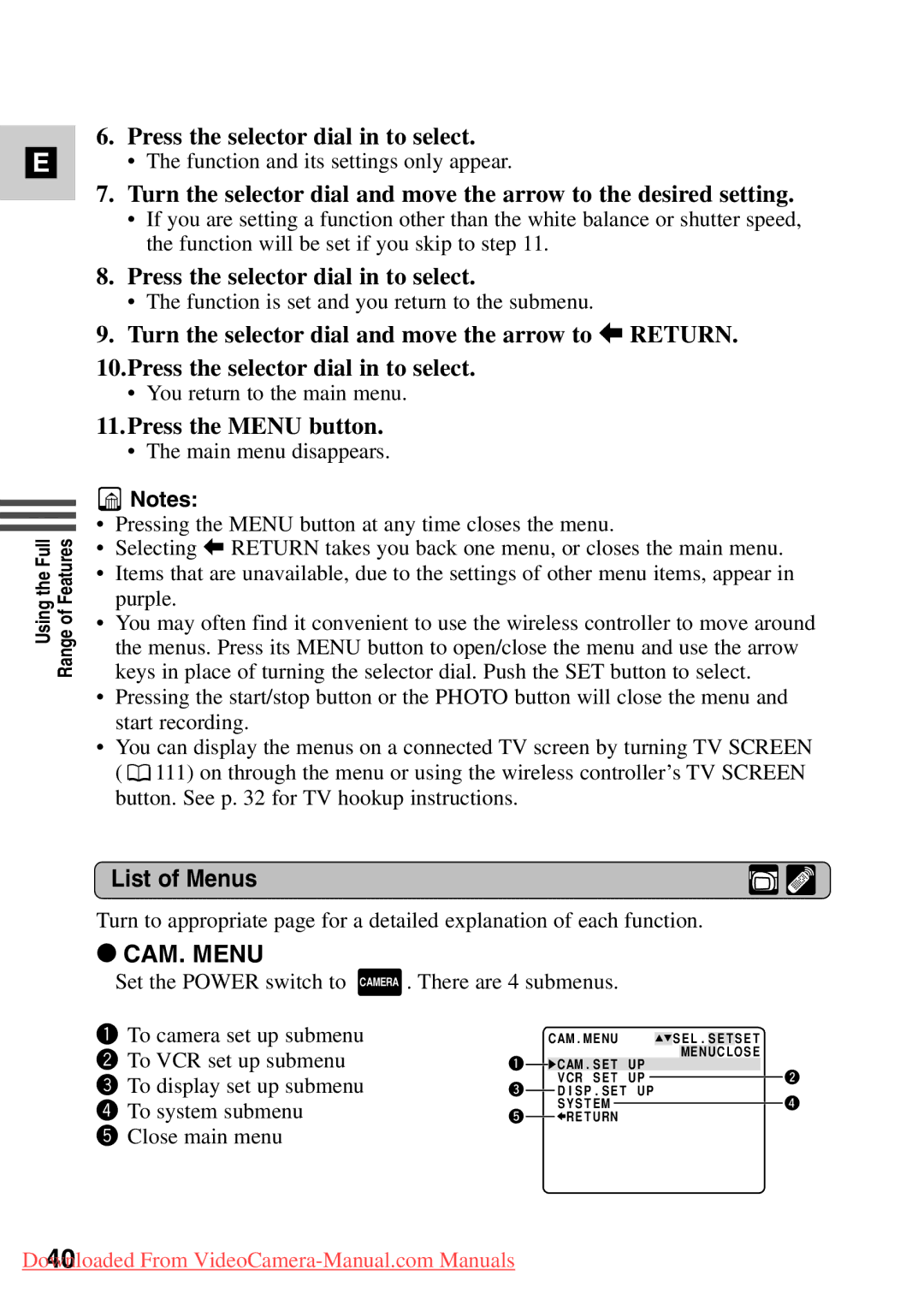 Canon MV500i, 7561A001 instruction manual Press the Menu button, List of Menus 