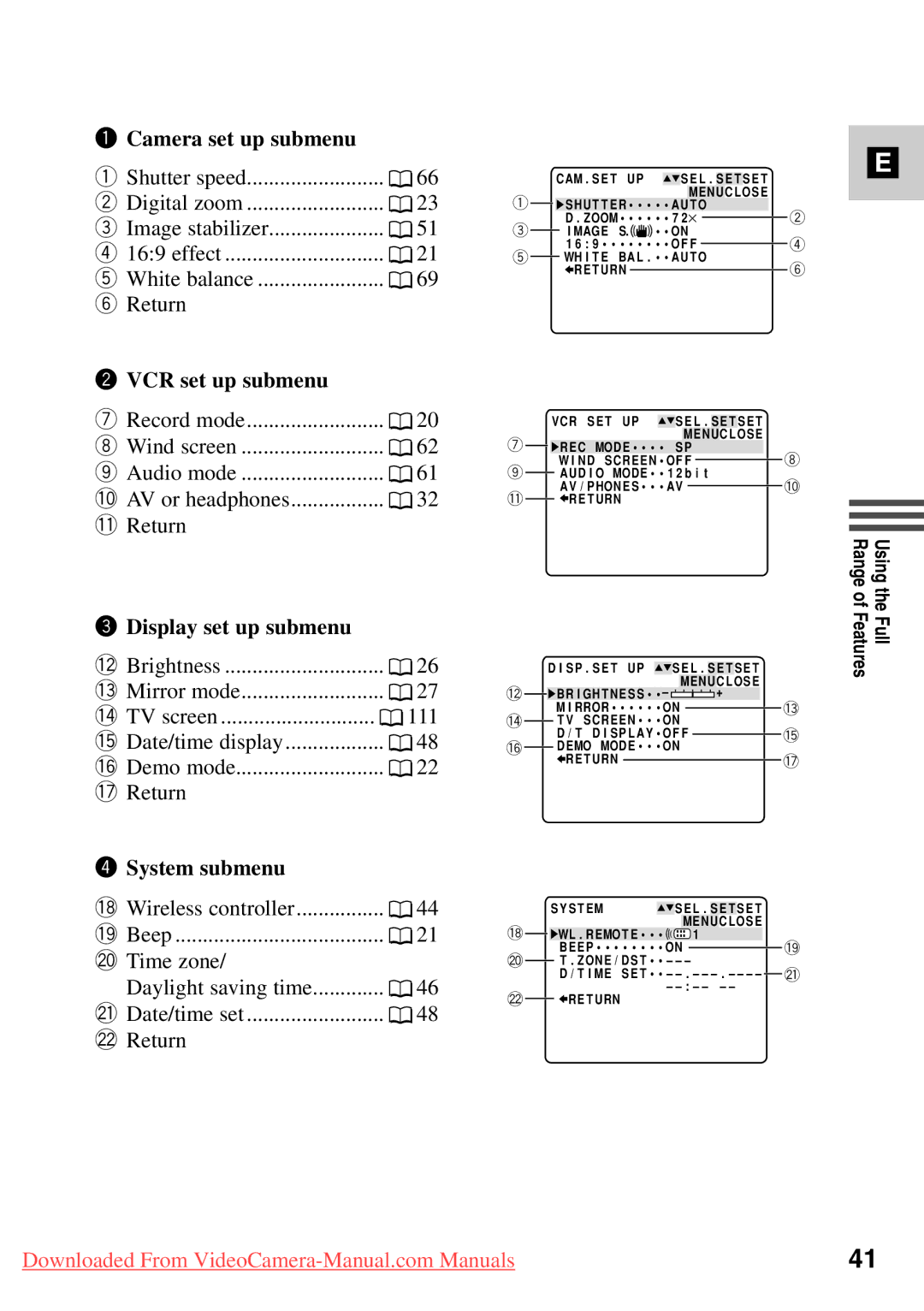 Canon 7561A001, MV500i Camera set up submenu, VCR set up submenu, Display set up submenu, System submenu 