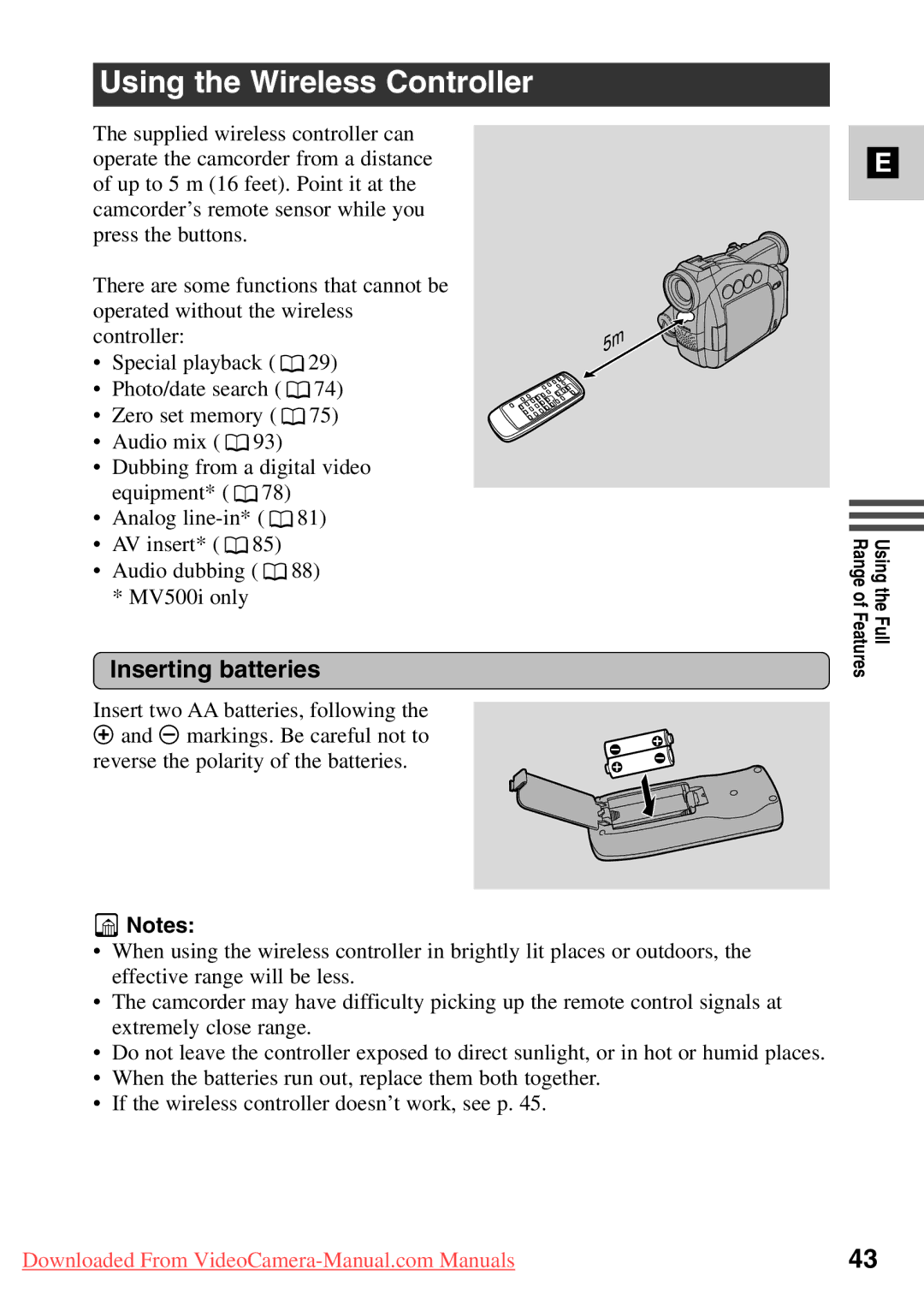 Canon MV500i, 7561A001 instruction manual Using the Wireless Controller, Inserting batteries 