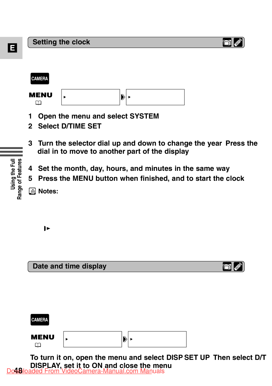 Canon 7561A001, MV500i Setting the clock, Open the menu and select System Select D/TIME SET, Date and time display 