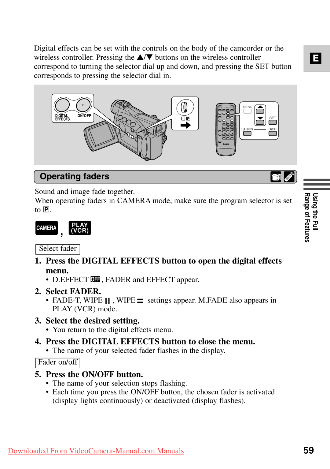 Canon MV500 Operating faders, Select Fader, Select the desired setting, Press the Digital Effects button to close the menu 