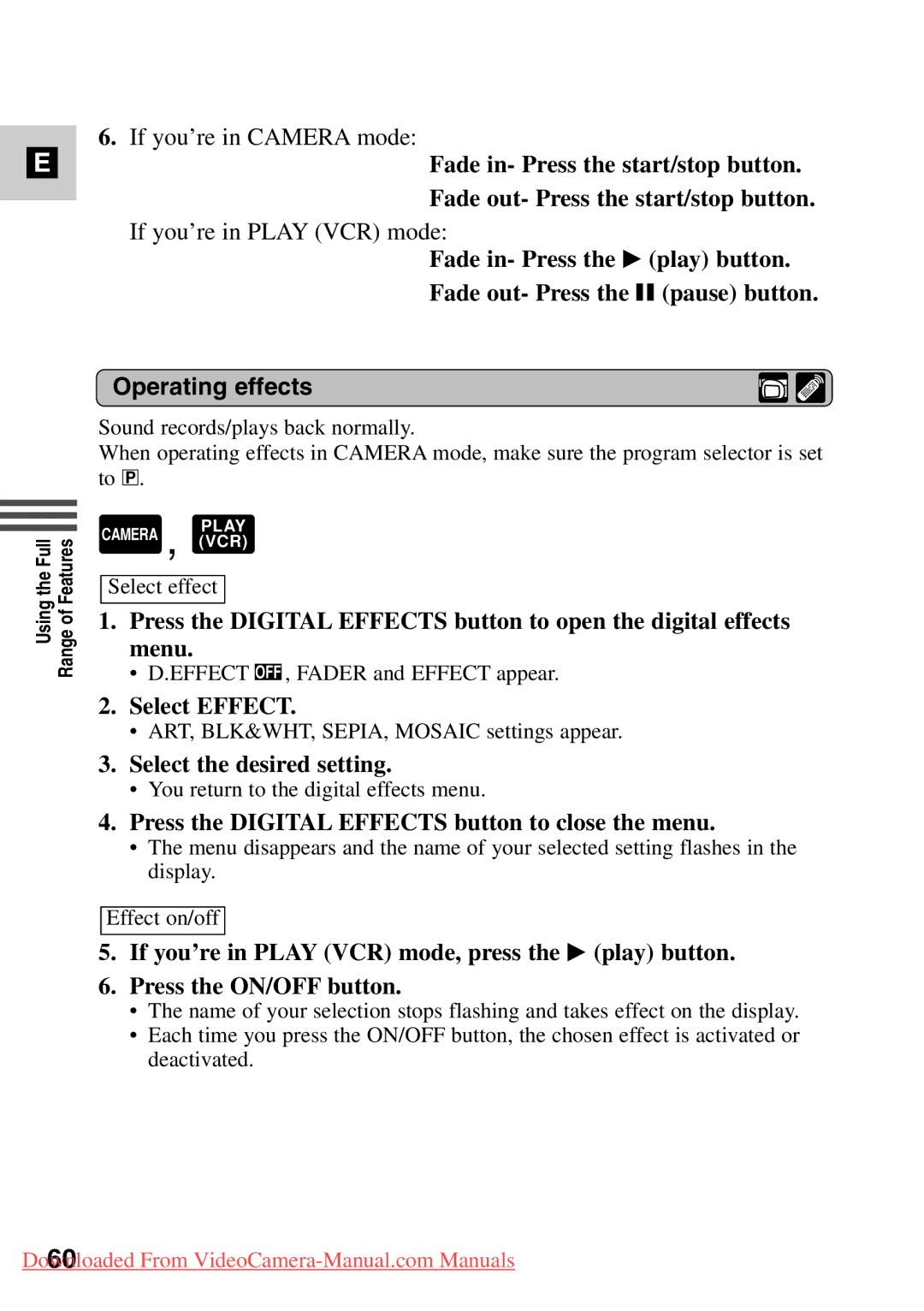 Canon 7561A001, MV500i instruction manual Operating effects, Select Effect 