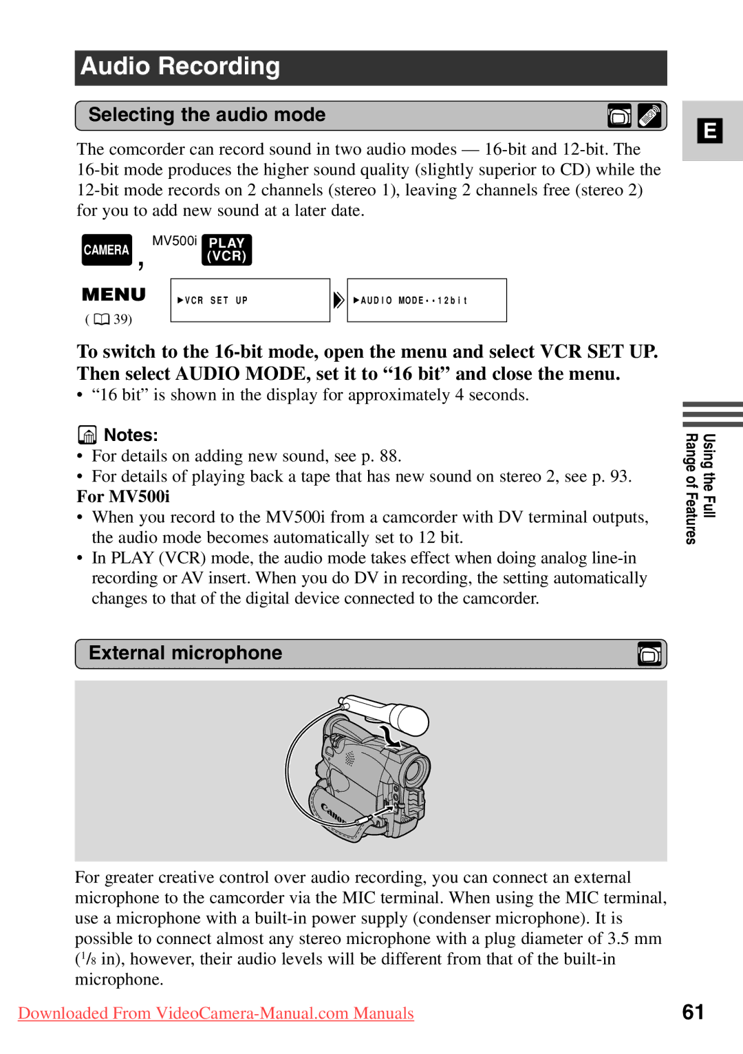 Canon 7561A001 instruction manual Audio Recording, Selecting the audio mode, External microphone, For MV500i 