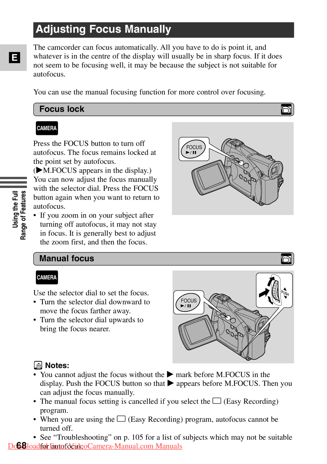 Canon 7561A001, MV500i instruction manual Adjusting Focus Manually, Focus lock, Manual focus 