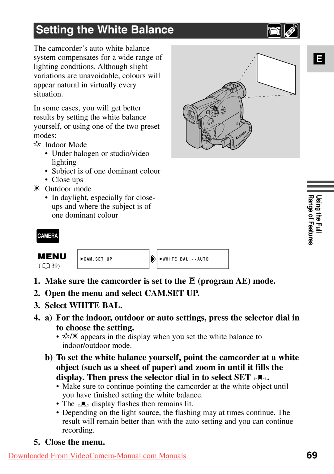 Canon 7561A001, MV500i instruction manual Setting the White Balance, Close the menu 