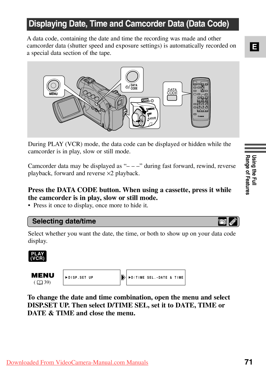 Canon 7561A001, MV500i instruction manual Displaying Date, Time and Camcorder Data Data Code, Selecting date/time 