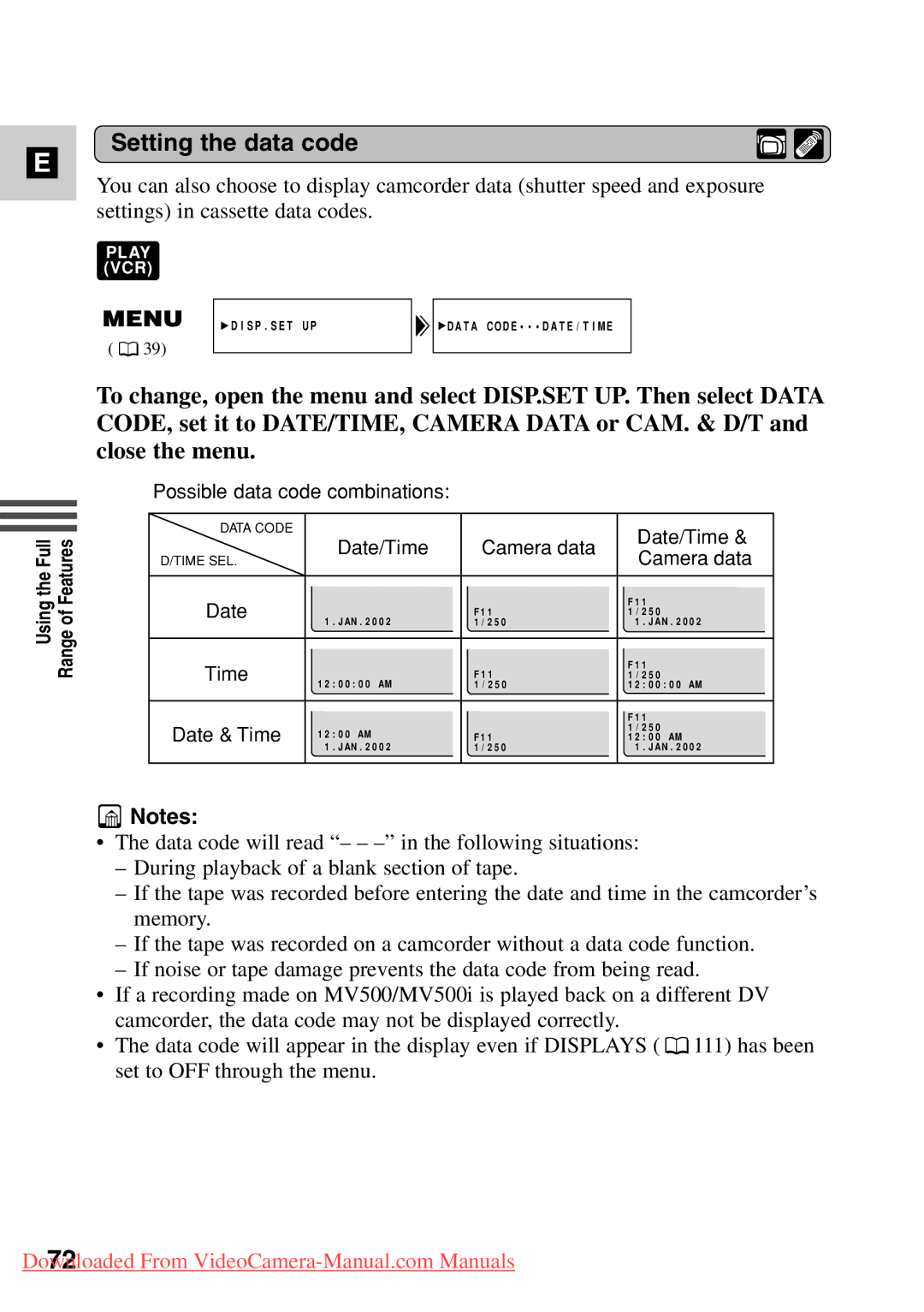 Canon 7561A001, MV500i instruction manual Setting the data code 