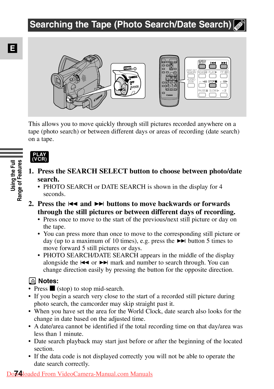 Canon 7561A001, MV500i instruction manual Searching the Tape Photo Search/Date Search 