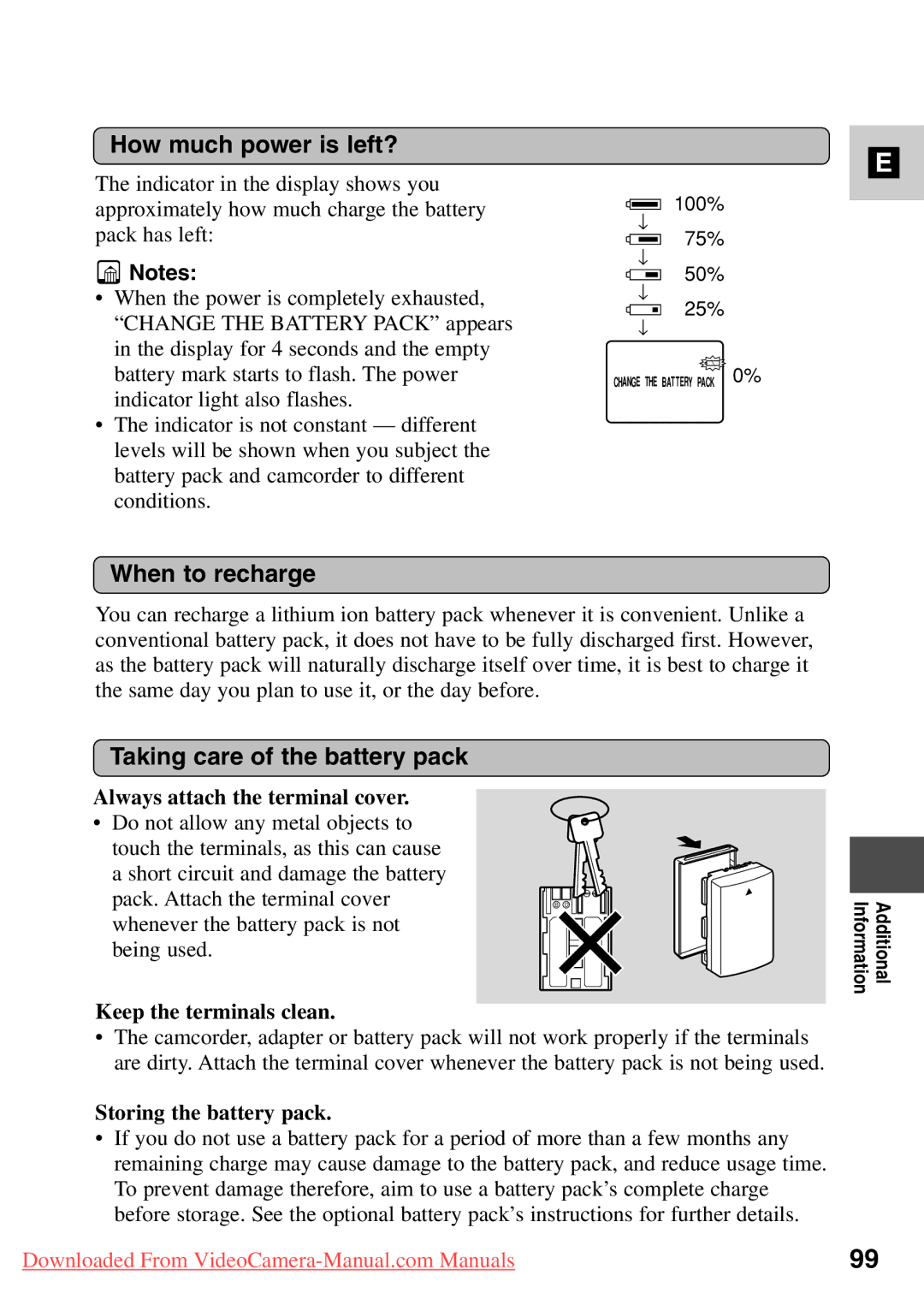 Canon 7561A001, MV500i instruction manual How much power is left?, When to recharge, Taking care of the battery pack 