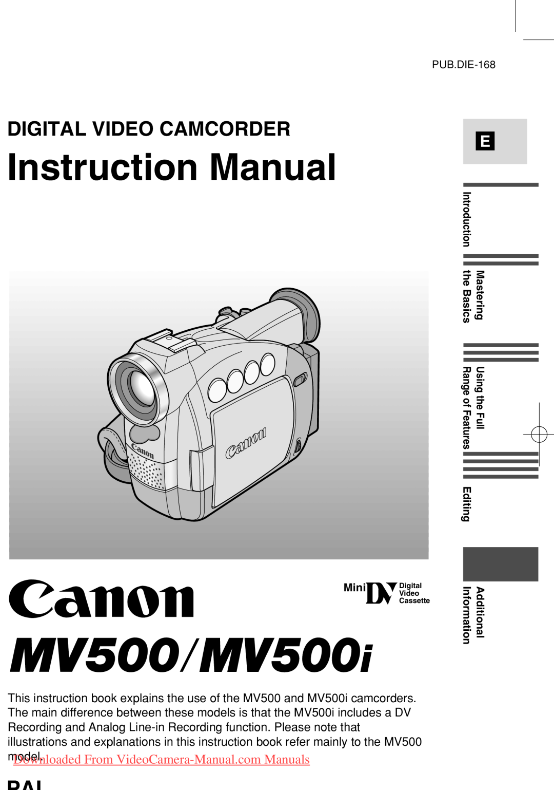 Canon MV500i, 7561A001 instruction manual Instruction Manual, Digital Video Camcorder, model, Information, Additional 