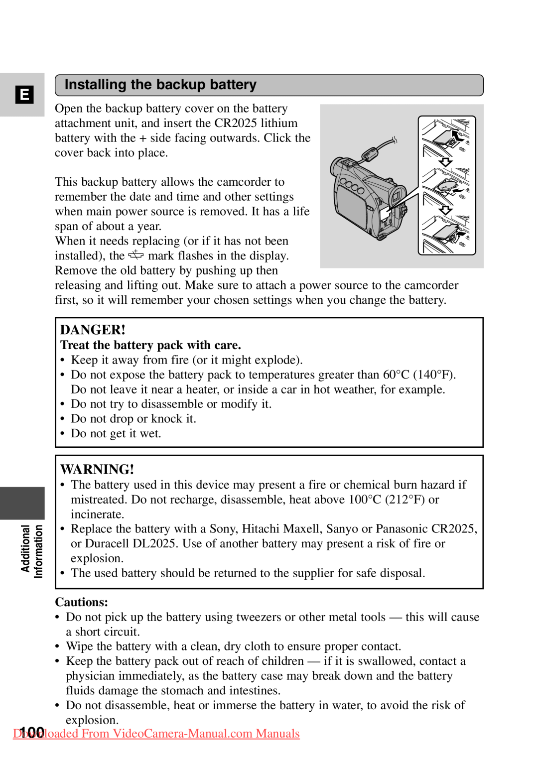 Canon MV500i, 7561A001 instruction manual Installing the backup battery, Danger, Treat the battery pack with care, Cautions 