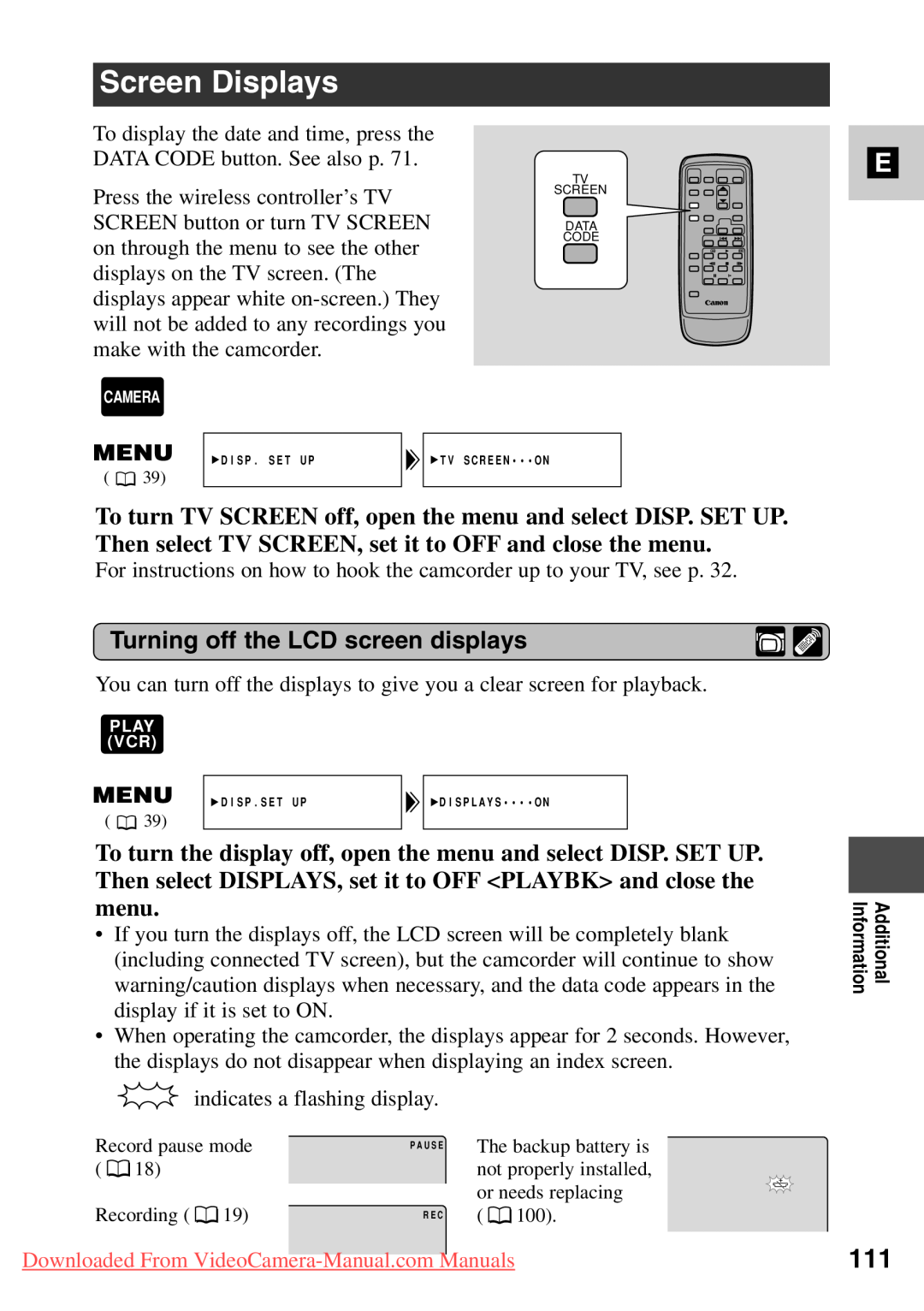 Canon 7561A001, MV500i instruction manual Screen Displays, Turning off the LCD screen displays 